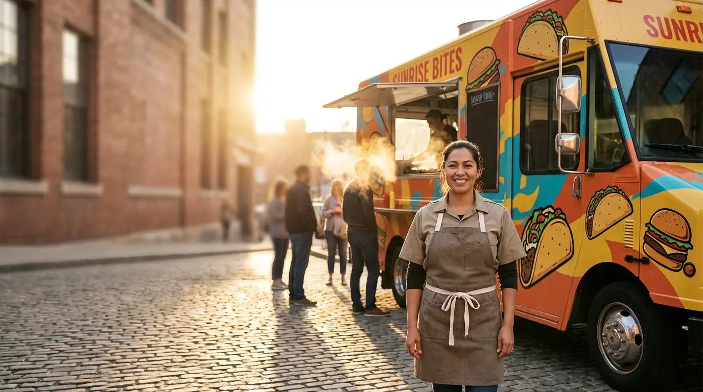 Female food truck owner standing confidently in front of her colorful mobile kitchen at sunrise in urban setting