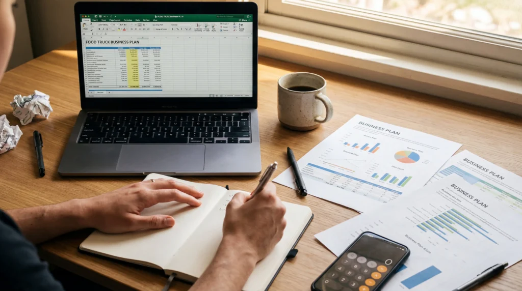 Entrepreneur creating food truck business plan with laptop spreadsheets and printed financial documents on desk