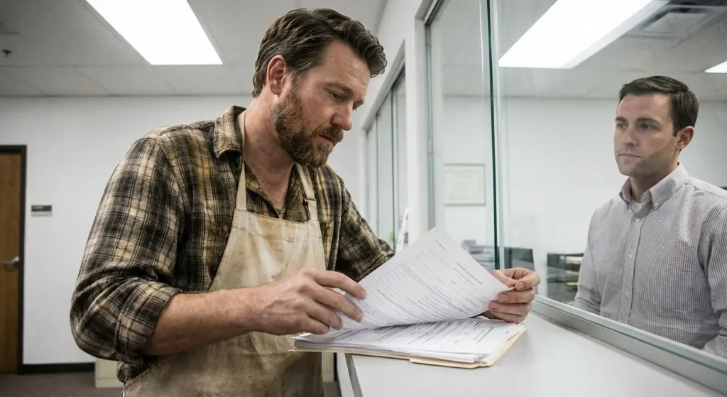Food truck owner reviewing health department permits and business licenses at government office counter