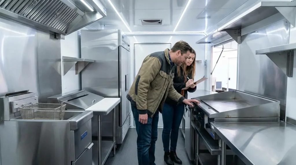 Prospective buyer inspecting food truck interior with stainless steel commercial kitchen equipment