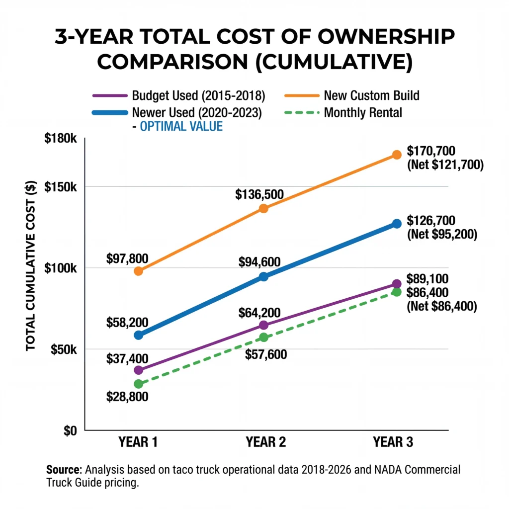 Three year total cost of ownership comparison chart for budget used newer used new custom and rental food trucks showing net costs after resale
