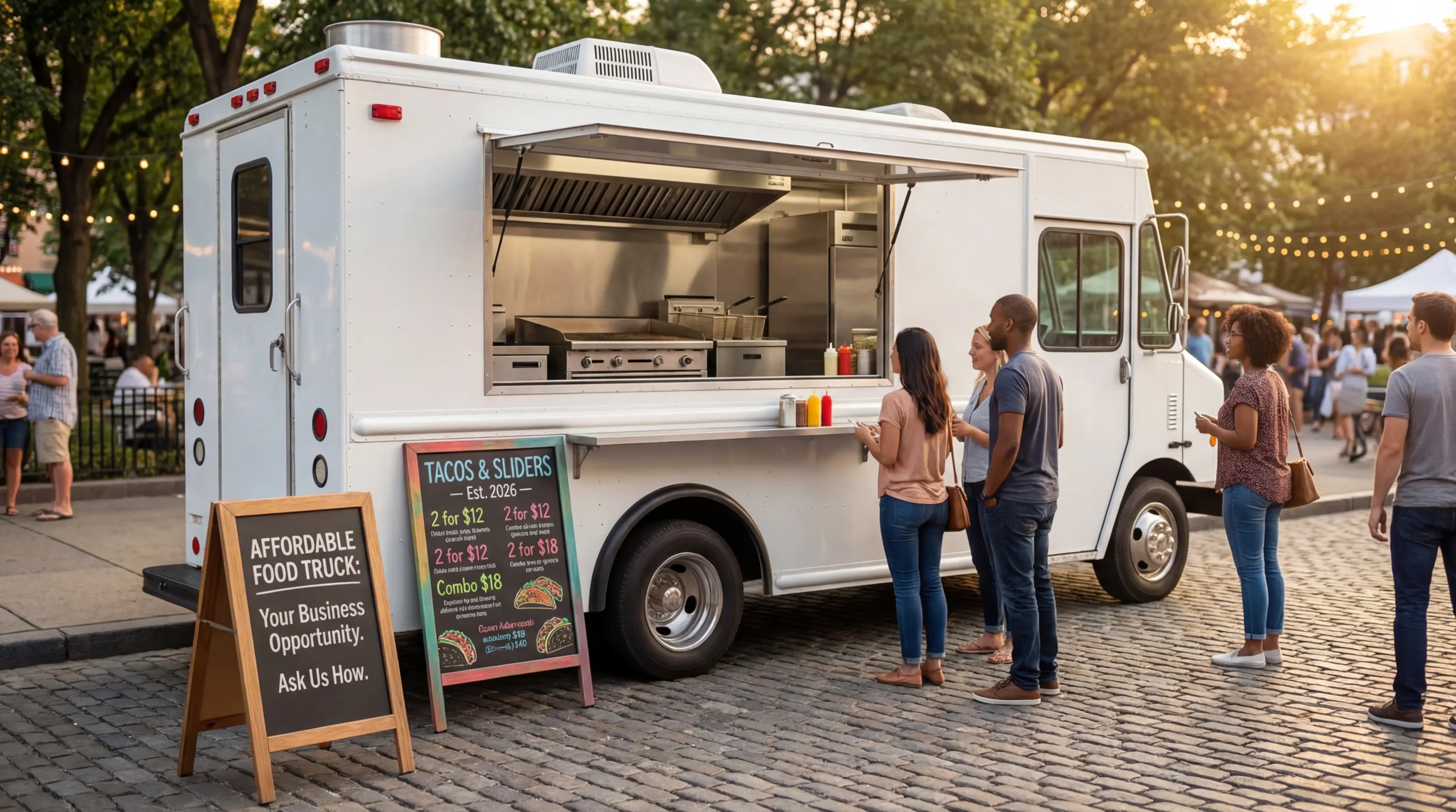 Affordable food truck with commercial equipment and professional setup showing budget-friendly mobile food business opportunity