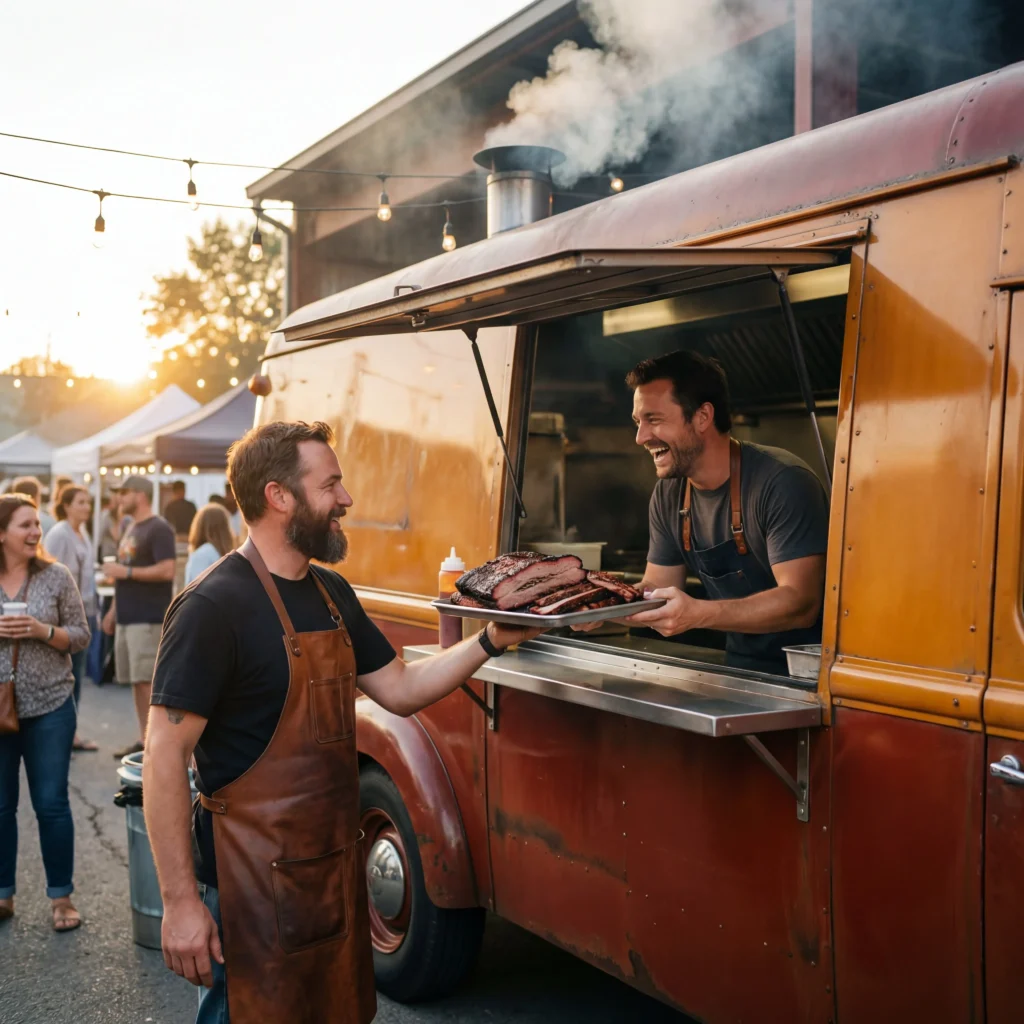 BBQ food truck name ideas brought to life with a pitmaster serving smoked brisket and ribs through an open window