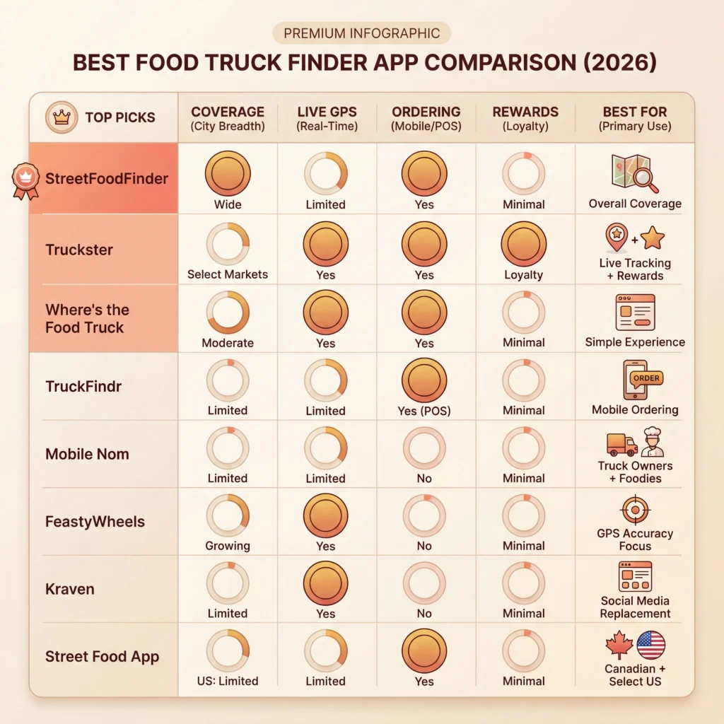 Best food truck finder app comparison chart showing eight apps rated across coverage GPS tracking ordering and rewards features