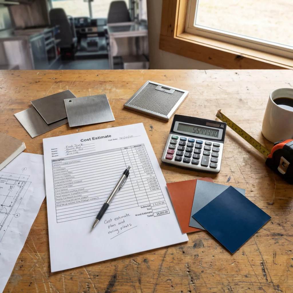 Food truck buildout cost planning materials on a workshop table including estimates calculator and material swatches