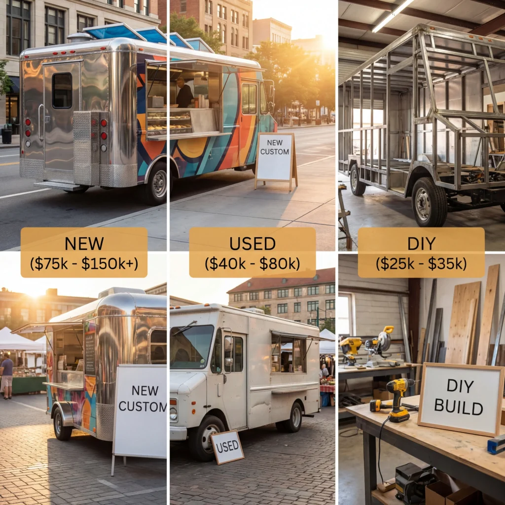 Comparison of new custom-built, used, and DIY food trucks showing price range differences