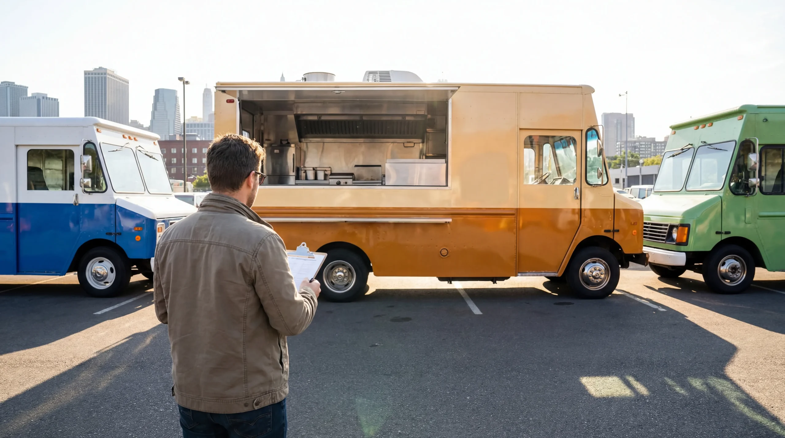 Buyer examining used food trucks for sale at an outdoor dealer lot
