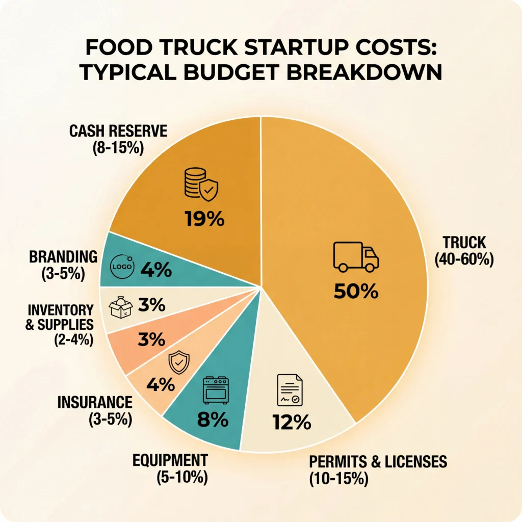 Food truck startup cost breakdown pie chart showing truck as 40 to 60 percent of total budget