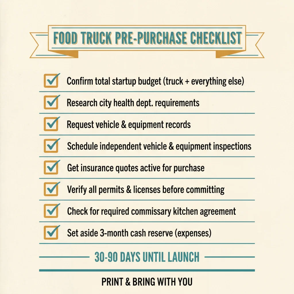 Printable pre-purchase checklist for buying a food truck with eight essential inspection items