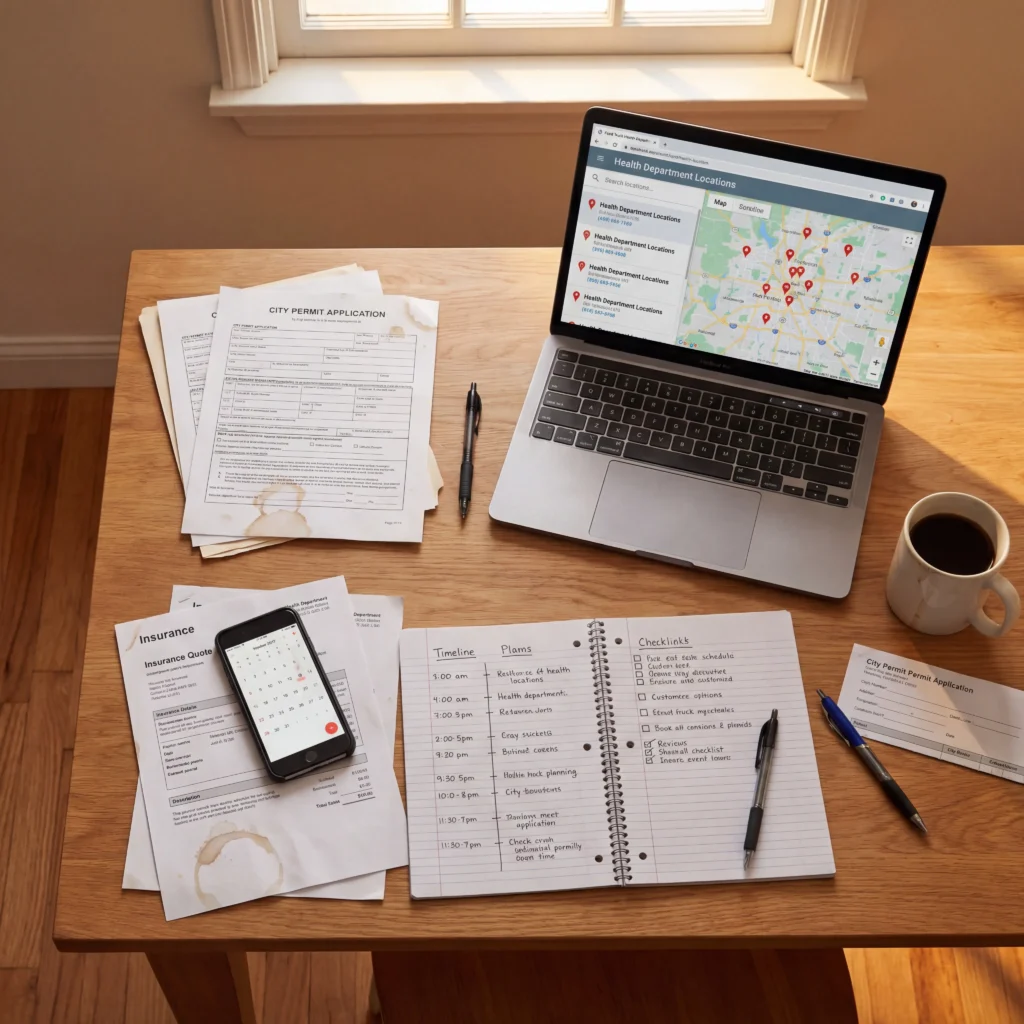 Food truck buyer's planning table with permits, calendar, insurance quotes, and timeline notes