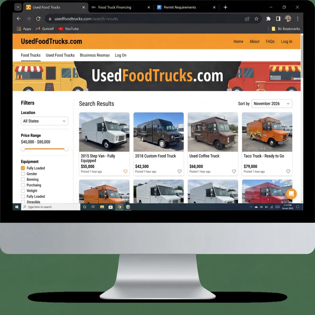 Researching food trucks for sale online on a laptop with notes and coffee on a kitchen table