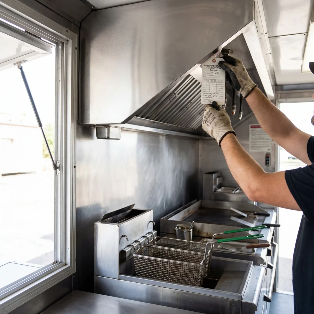 Inspecting commercial kitchen equipment inside a used food truck before buying