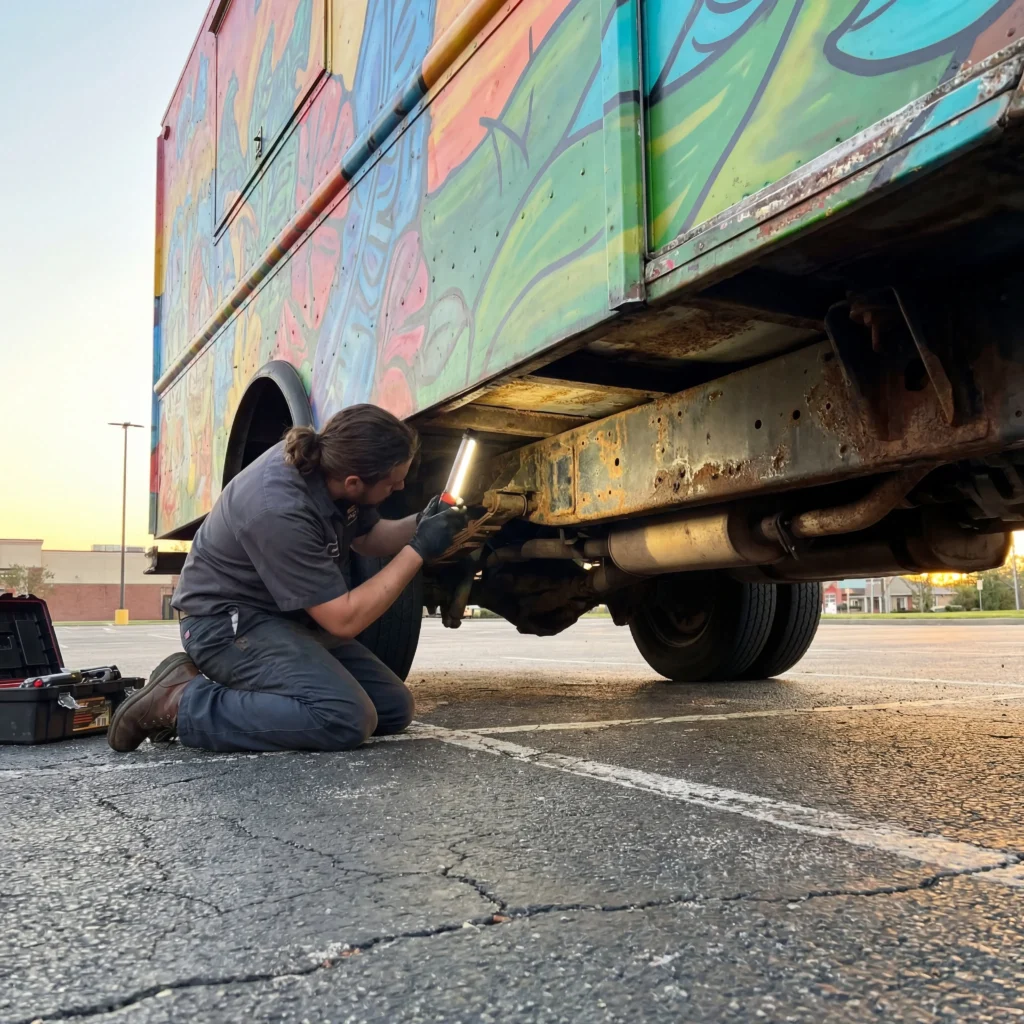 Buyer kneeling to inspect rust and wear underneath a colorful food truck exterior