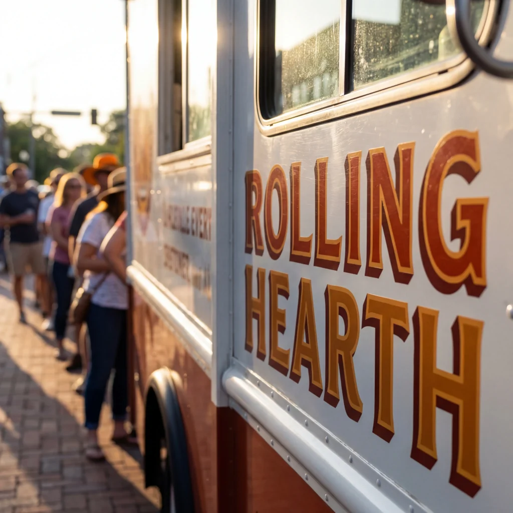Catchy food truck name painted in bold readable letters on a truck side panel with customers lined up on a sunny sidewalk