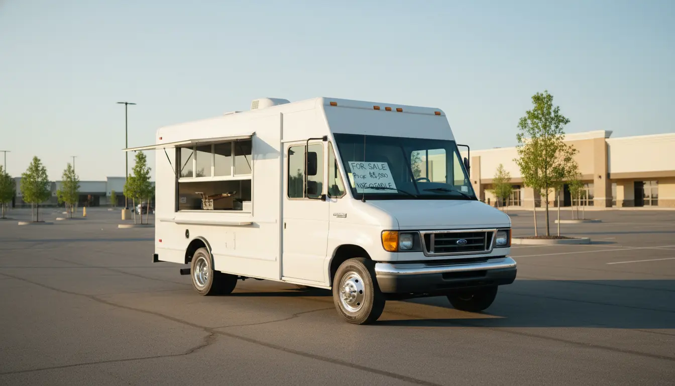 White step van cheap food truck for sale with serving window open in parking lot