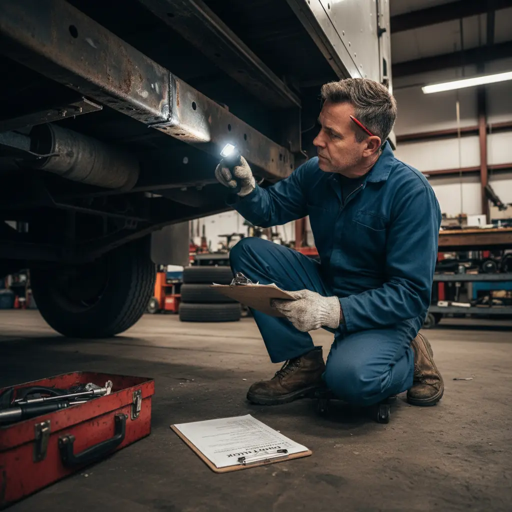 Mechanic inspecting food truck undercarriage with flashlight checking for rust and damage