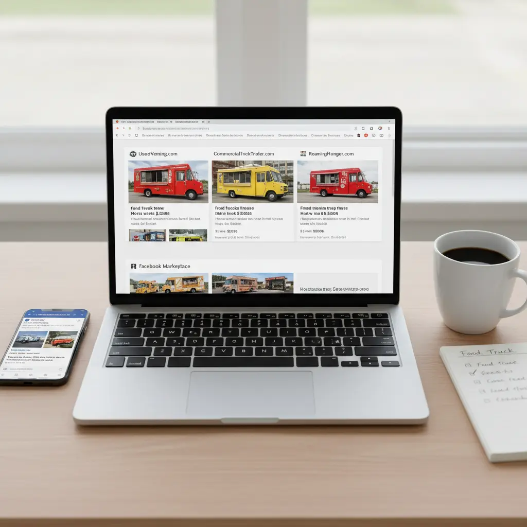 Laptop and phone displaying food truck marketplace websites for finding cheap trucks