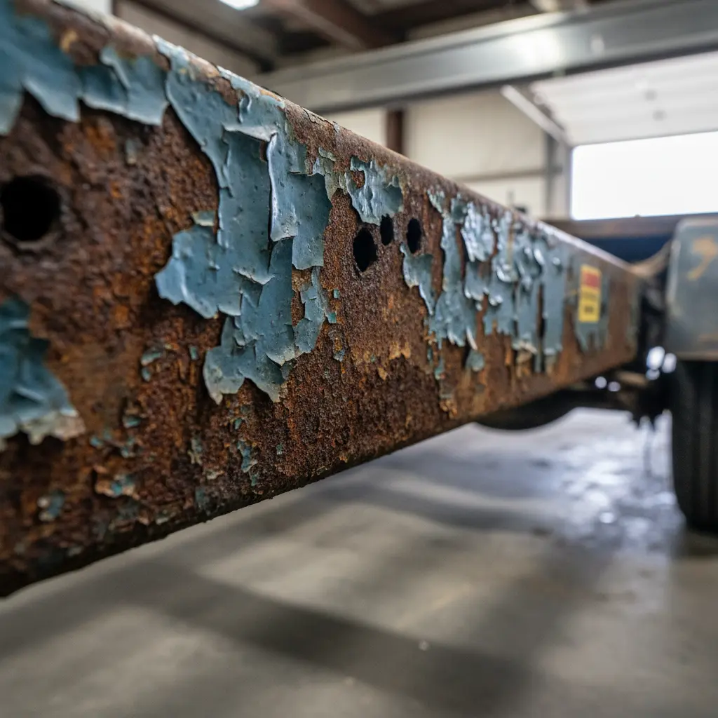 Severe rust damage on food truck frame rail showing structural deterioration red flag