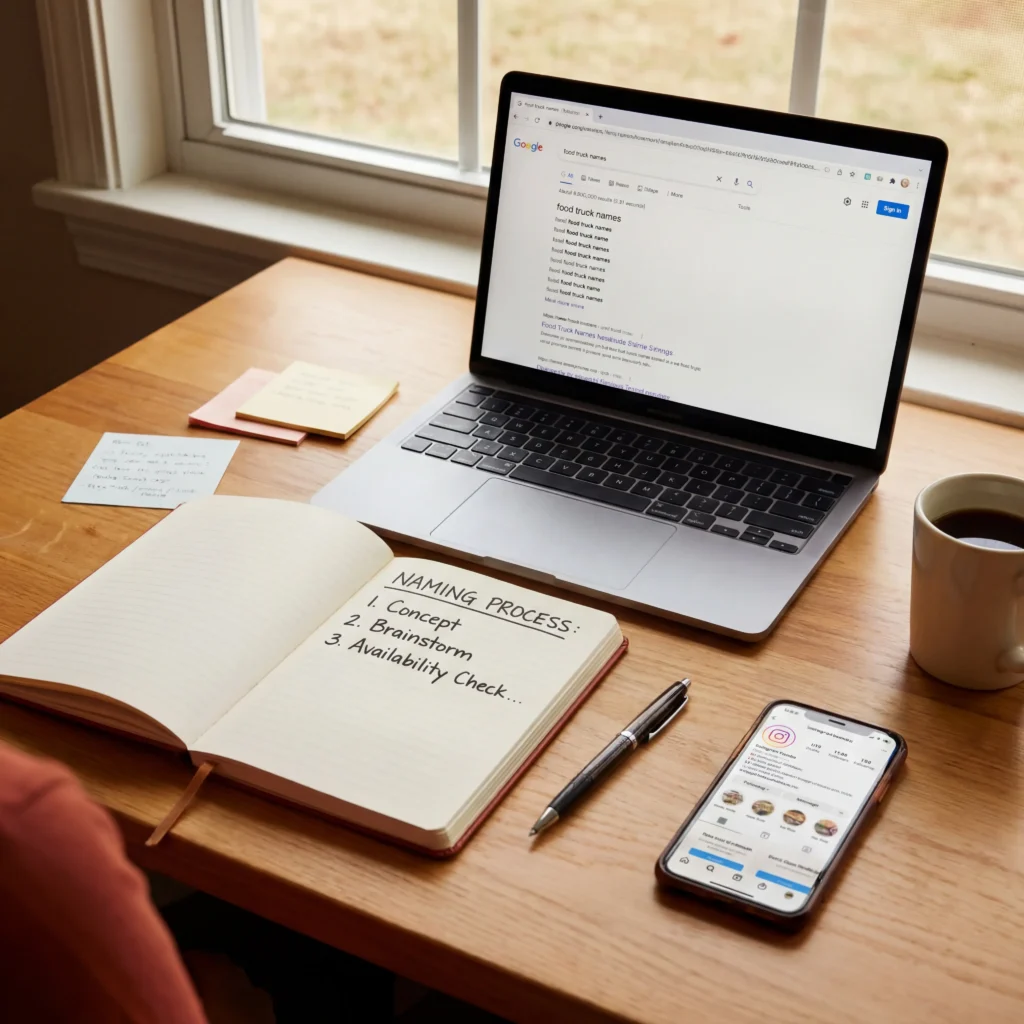 Person working through how to choose a food truck name with a checklist notebook laptop and phone on a desk
