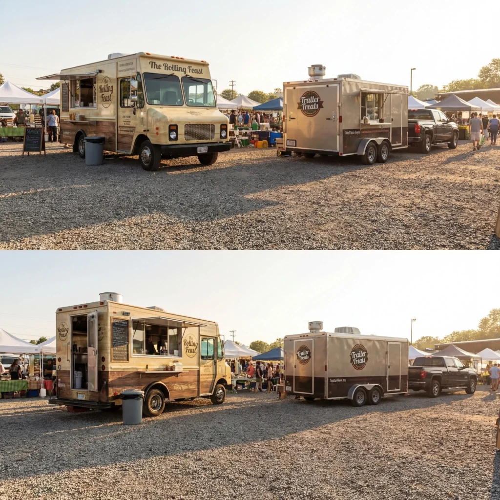 Side-by-side comparison of a motorized food truck and a towable food trailer parked at a farmers market