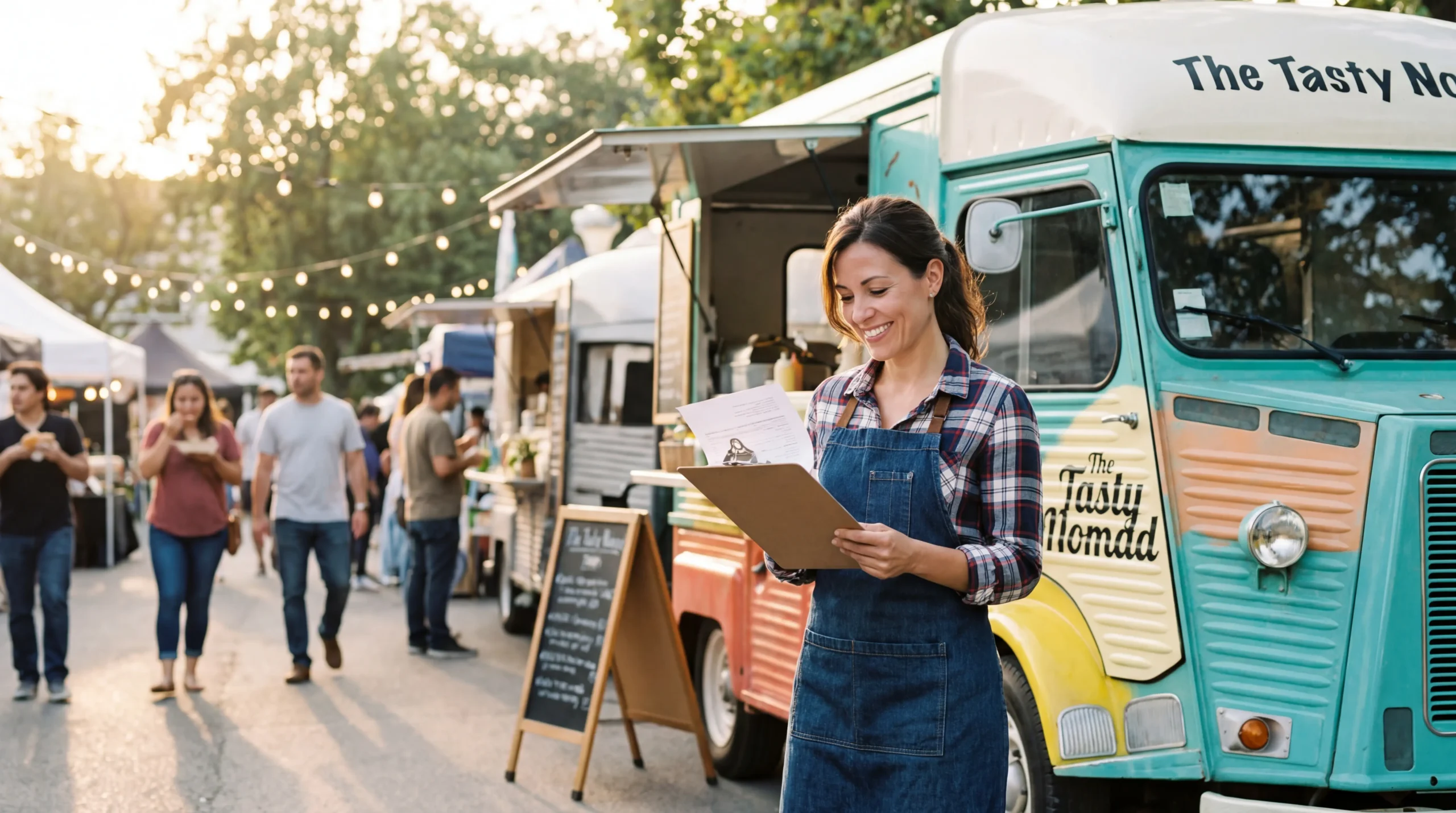 Commercial food truck insurance — owner reviewing policy documents beside her truck at an outdoor market