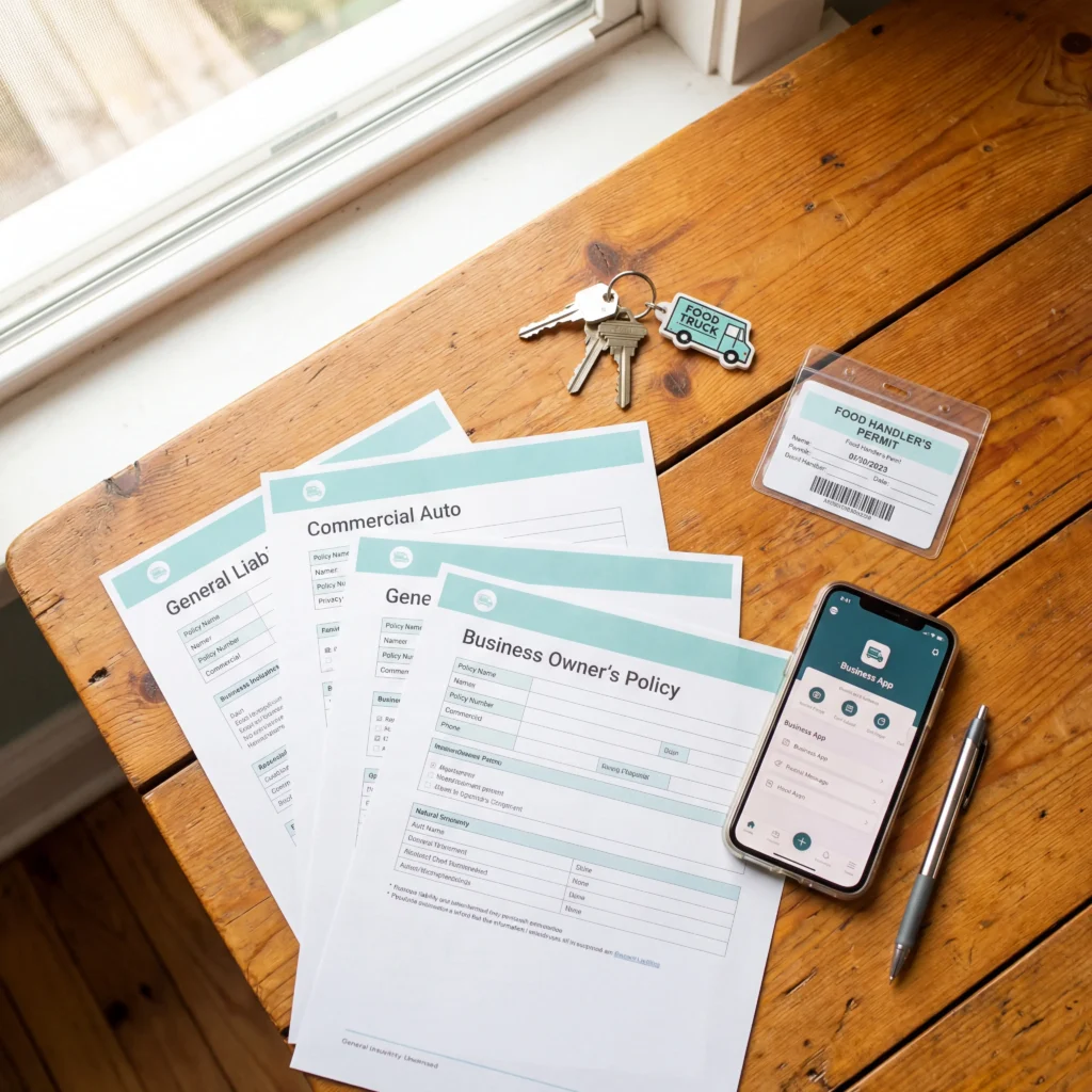 Insurance policy documents spread on a table with food truck keys and a food handler permit