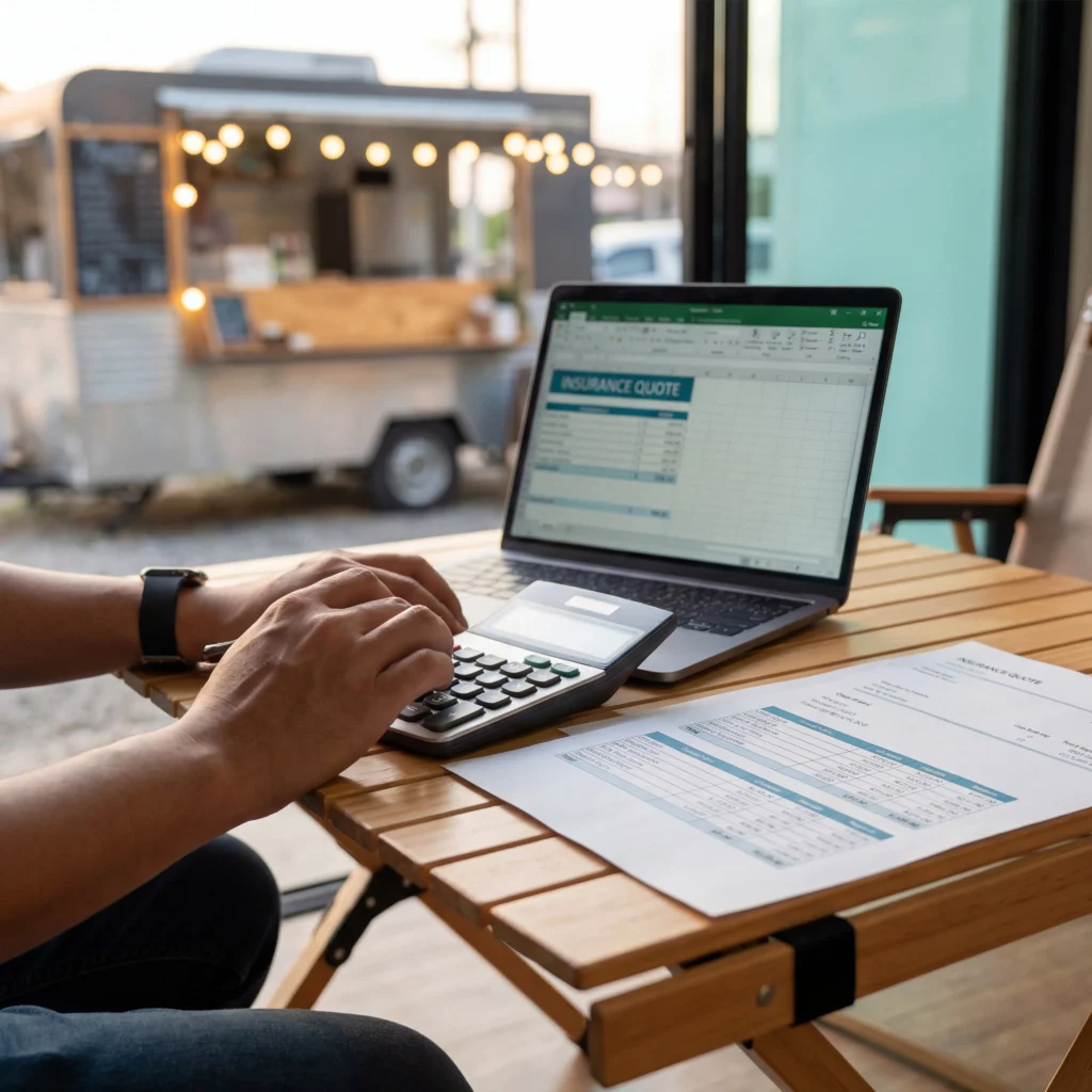 Hands using a calculator to compare food truck insurance quotes with a laptop and cost sheets