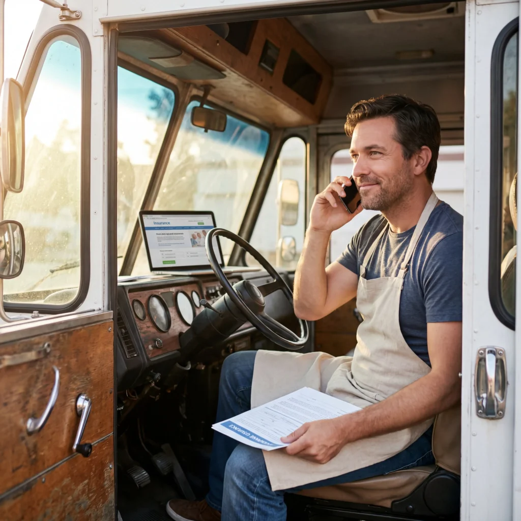 Food truck owner calling an insurance provider while sitting in the truck cab holding a policy document
