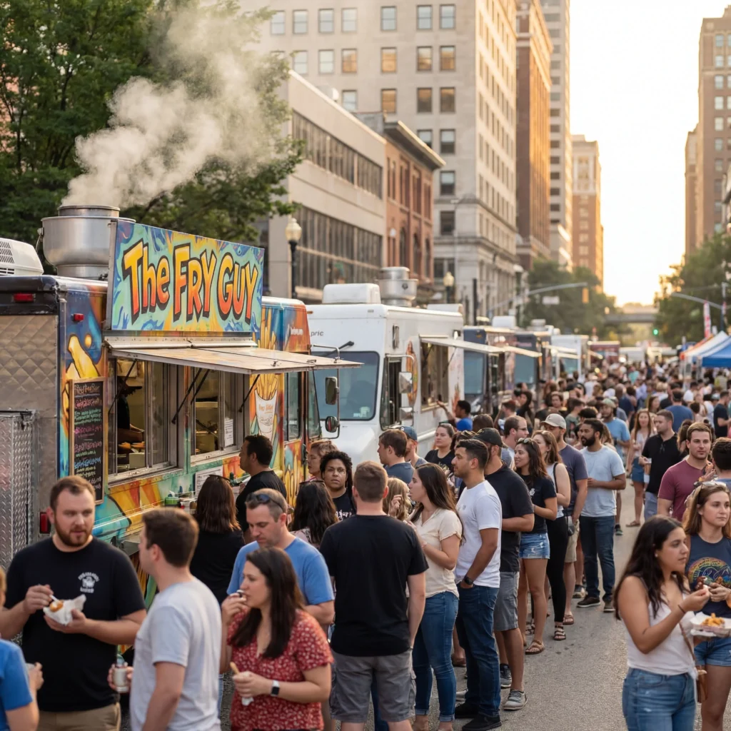 Busy food truck with deep fryer steam serving customers at a crowded urban festival