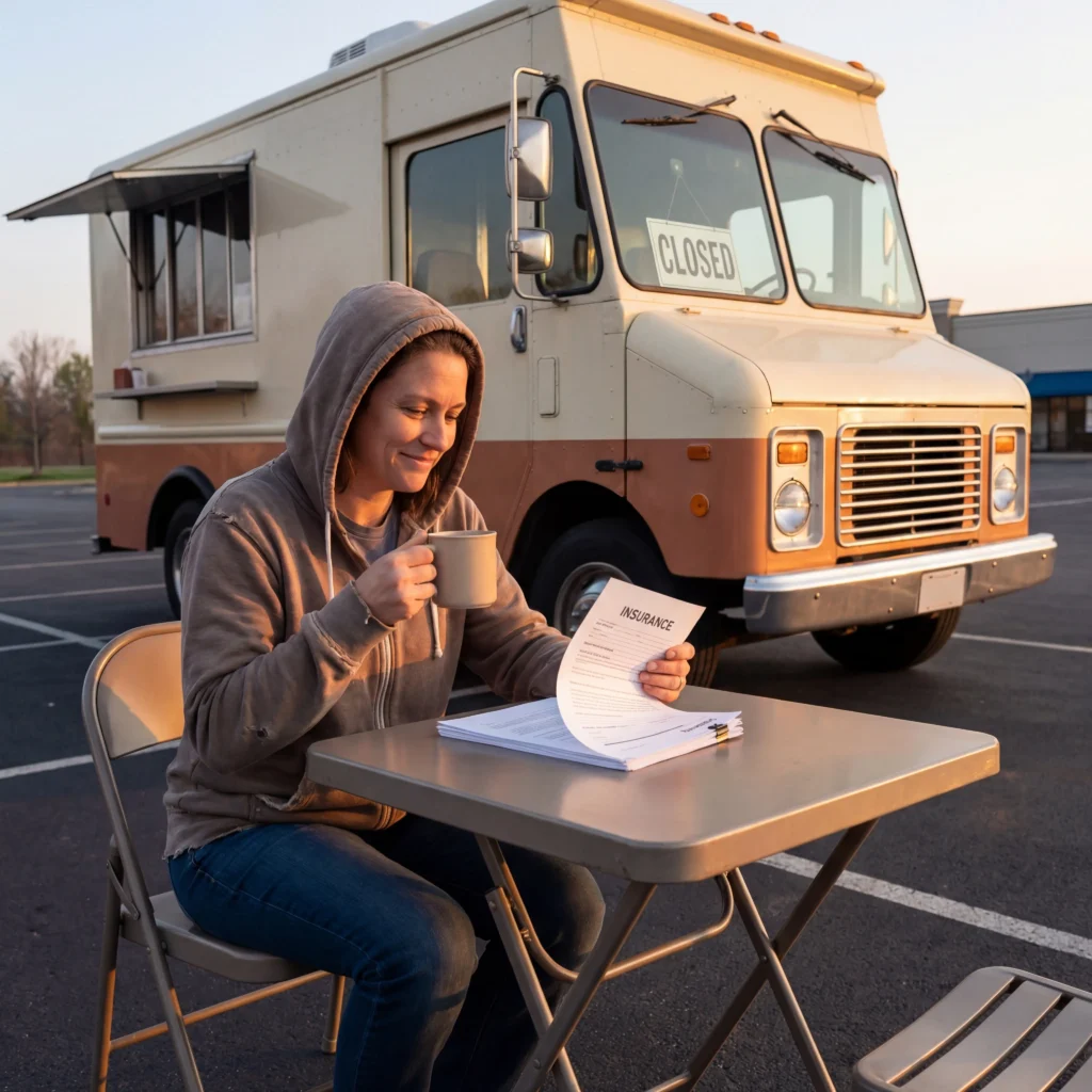 Food truck owner reviewing insurance paperwork at a folding table beside their parked truck with morning coffee