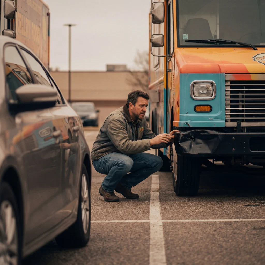 Food truck owner inspecting bumper damage after a minor parking lot collision without commercial auto coverage