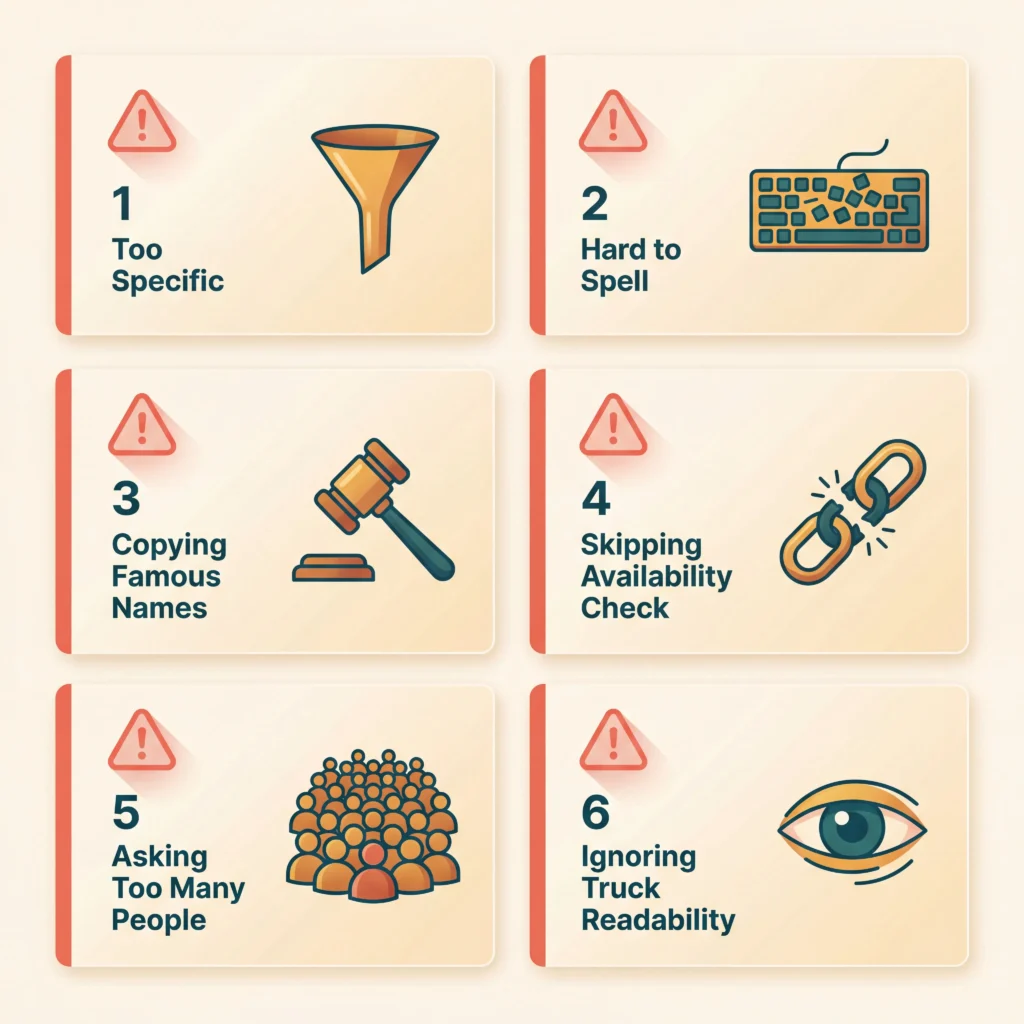 Six common food truck naming mistakes to avoid including hard to spell names and skipping availability checks