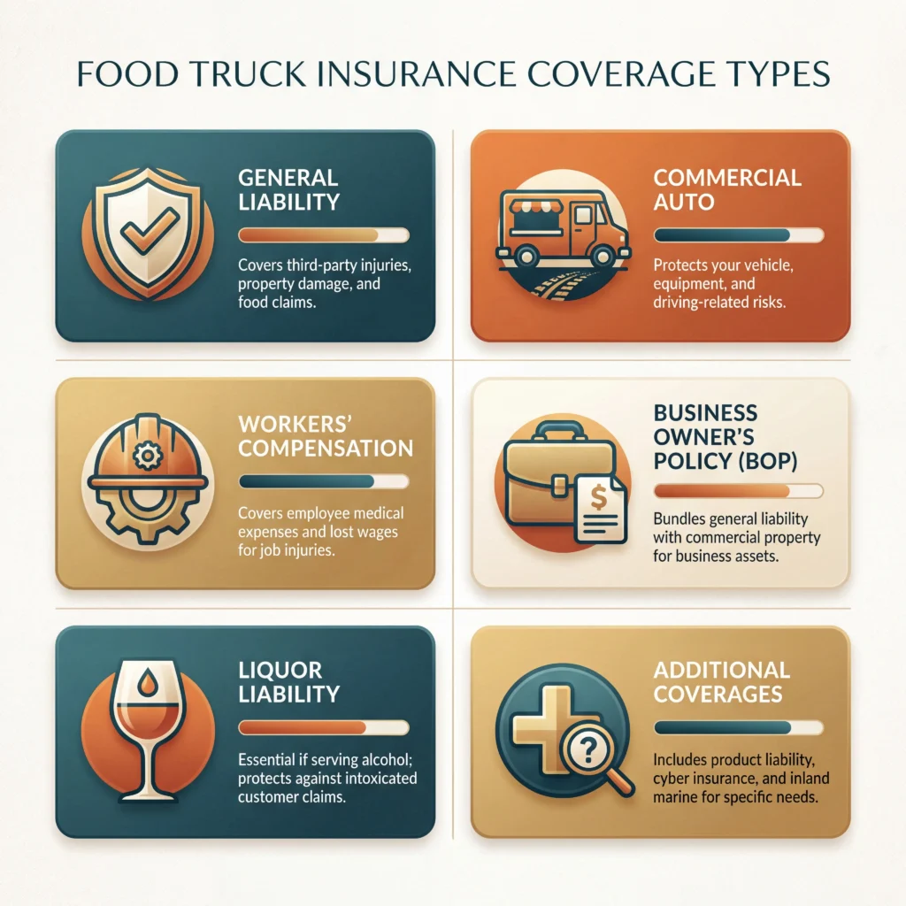 Six coverage types for food truck business insurance including general liability commercial auto and workers compensation