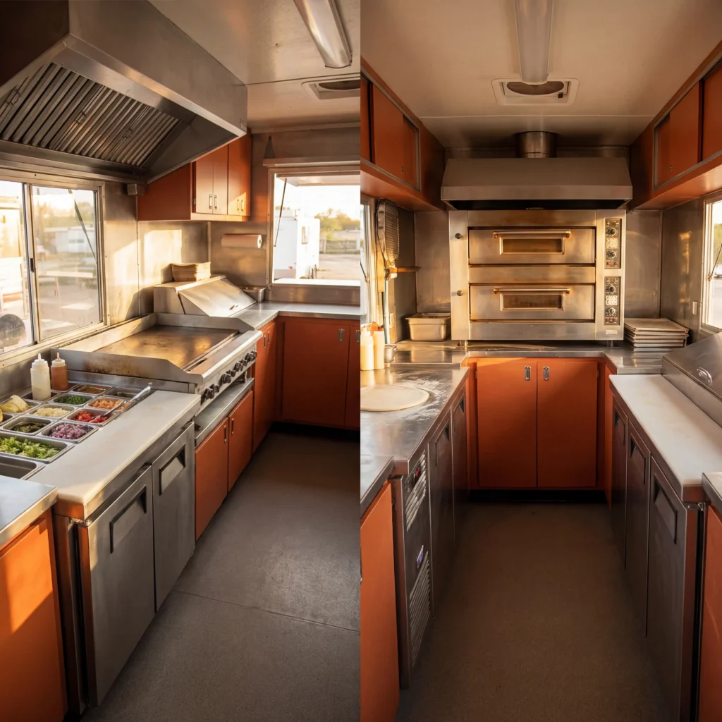 Taco truck cuisine layout with griddle and steam table compared side by side to pizza truck layout with large deck oven