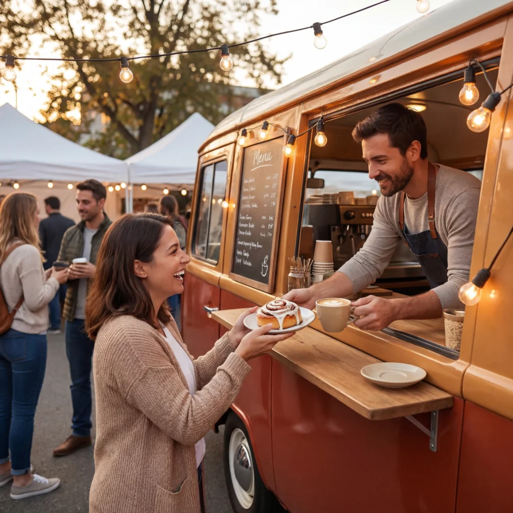 Cute food truck serving pastries and lattes at an evening outdoor market with warm string lights glowing overhead