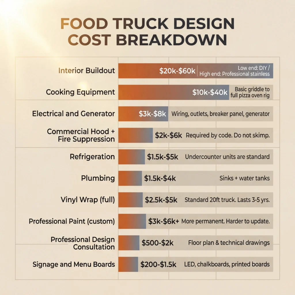 Colorful food truck exterior branding with bold vinyl wrap graphics and readable name at an outdoor event