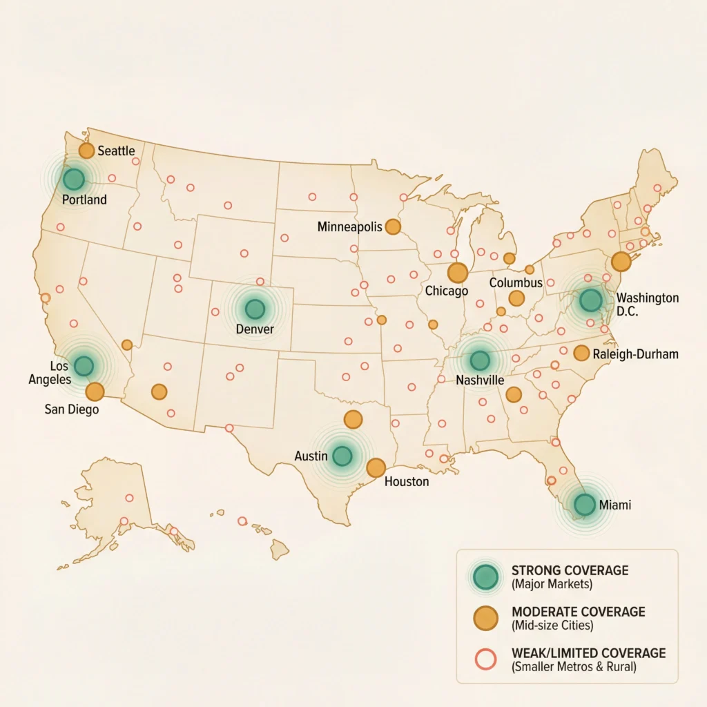Find food trucks near me coverage map showing which US cities have strong moderate and weak food truck app availability