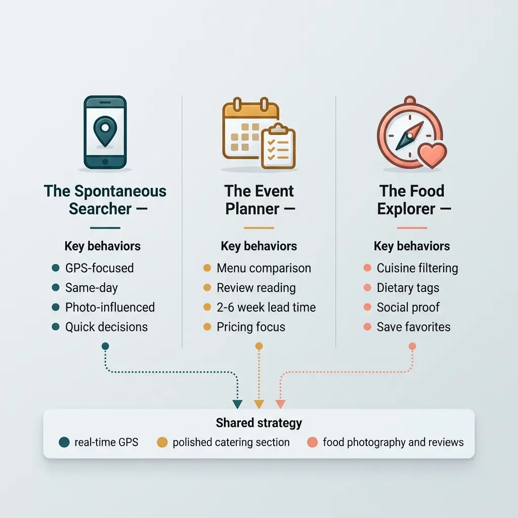 Three customer types who find food trucks near me shown with behavior patterns and platform needs for each segment