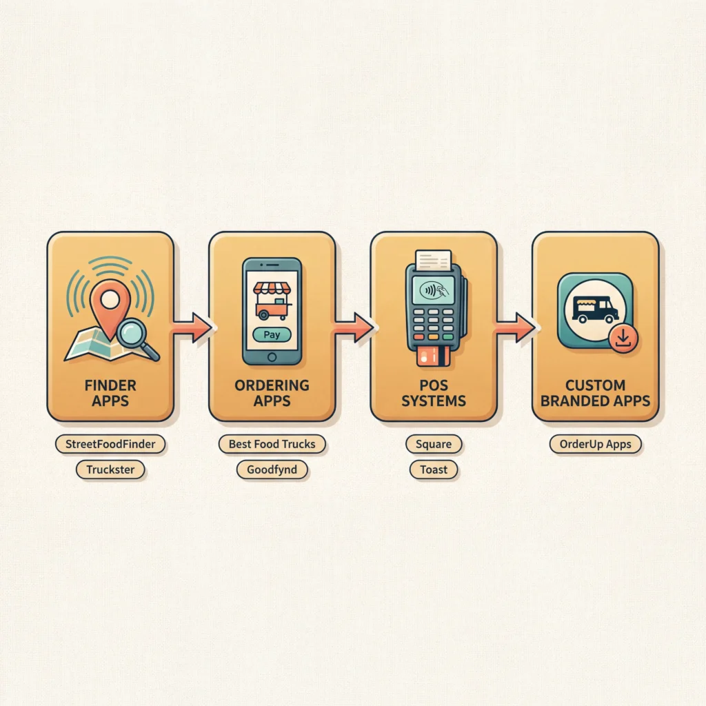Four food truck app categories shown as finder apps ordering apps POS systems and custom branded apps in a connected flow diagram
