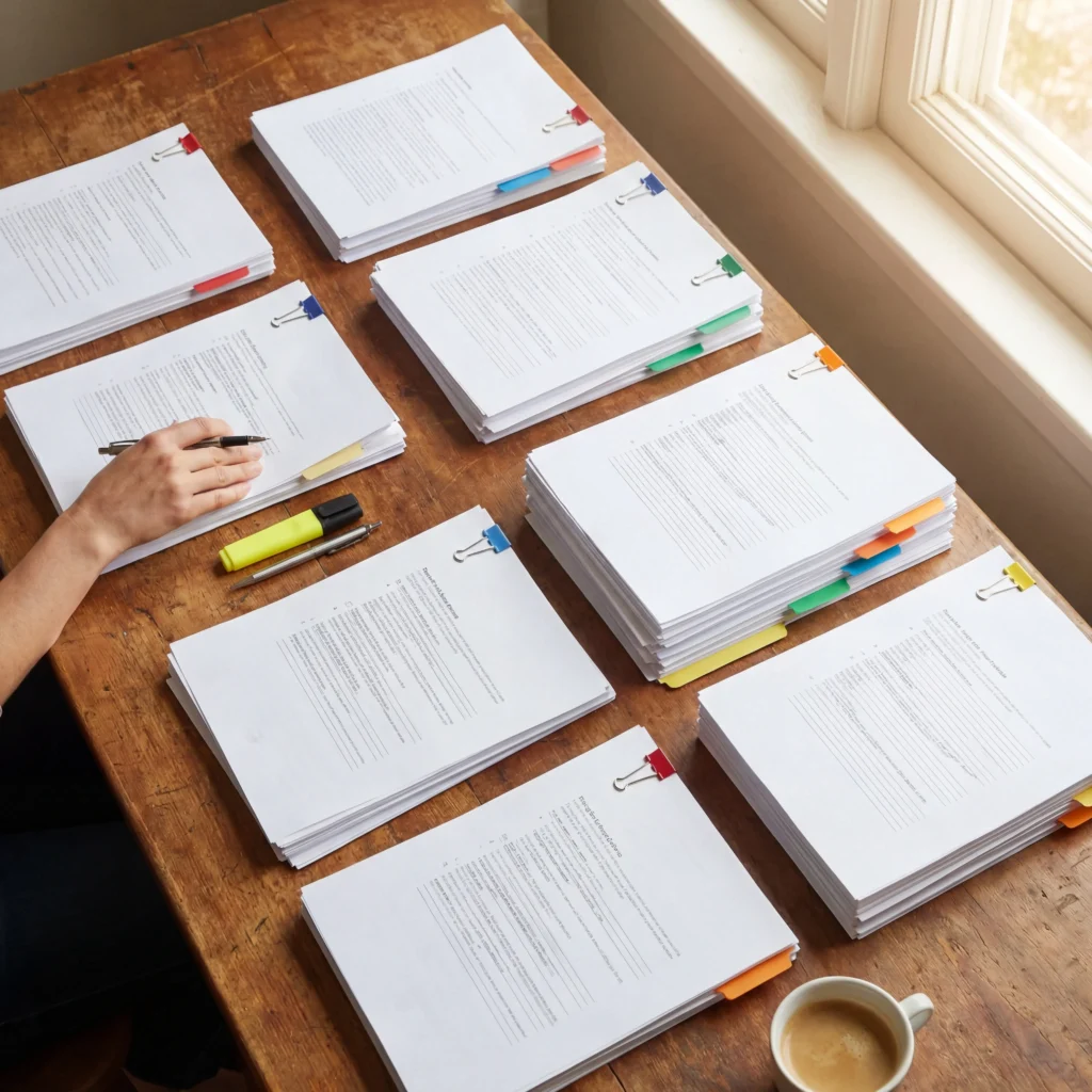 Nine essential sections of a food truck business plan organized with color tabs on a wooden desk workspace