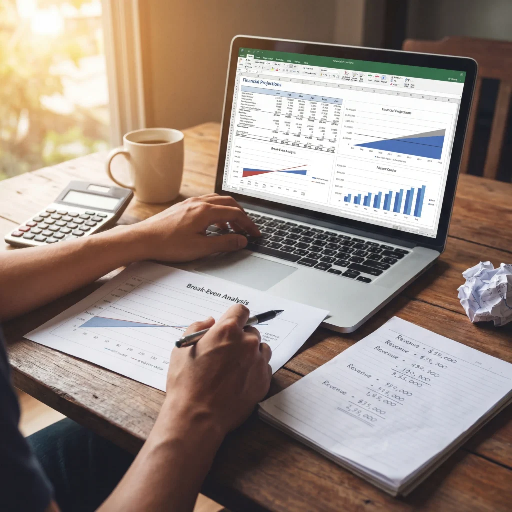 Food truck financial projections spreadsheet on laptop with break-even analysis and handwritten revenue calculations