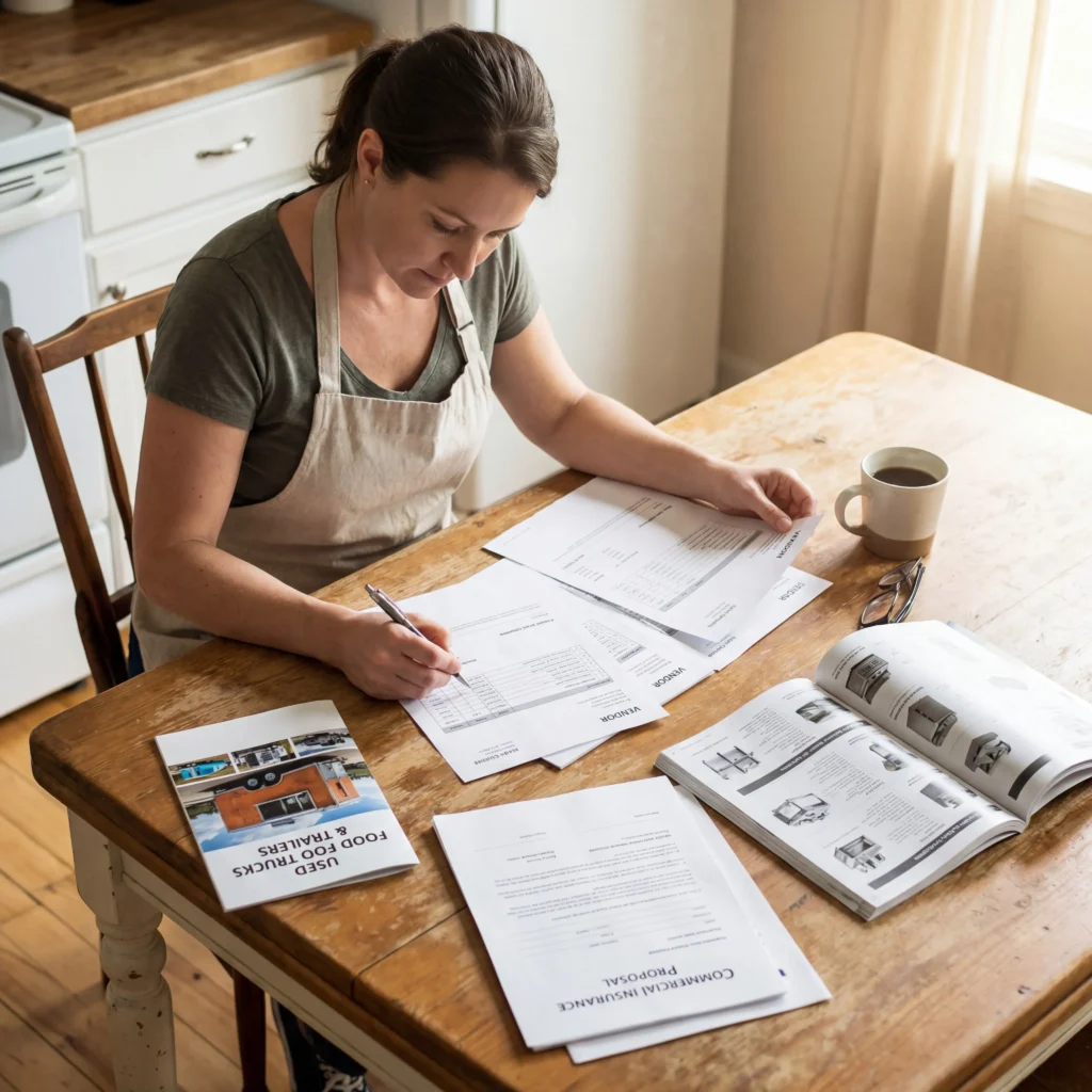 Food truck startup cost breakdown documents with vendor quotes for equipment insurance and permits on a workspace table