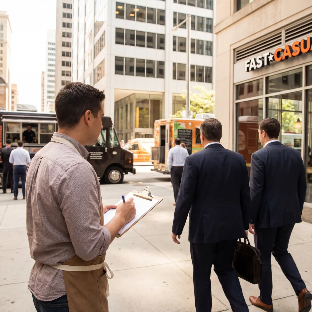 Food truck market analysis research with owner scouting a downtown business district for foot traffic and competitor locations