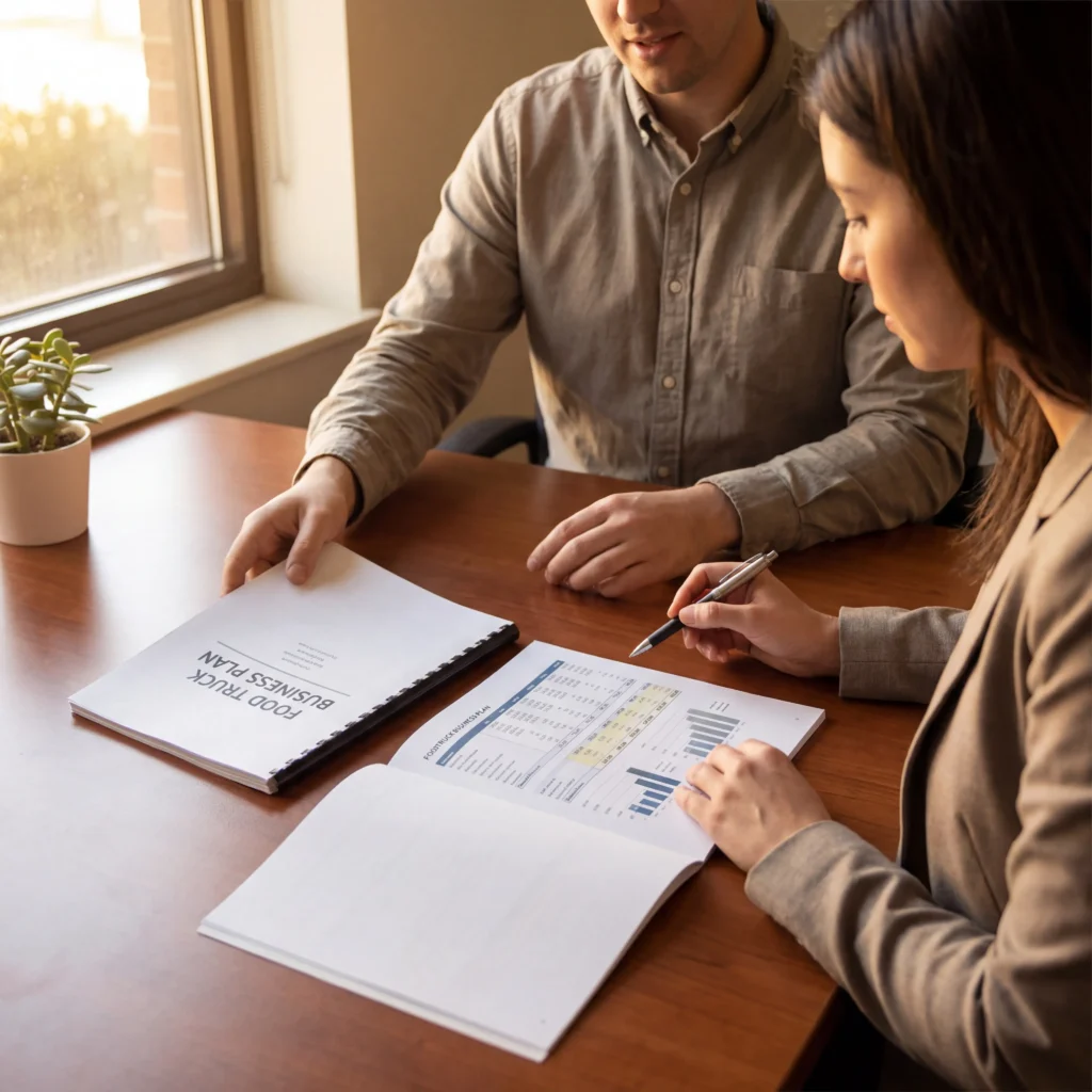 Food truck business plan presentation to a bank lender reviewing financial projections across an office desk