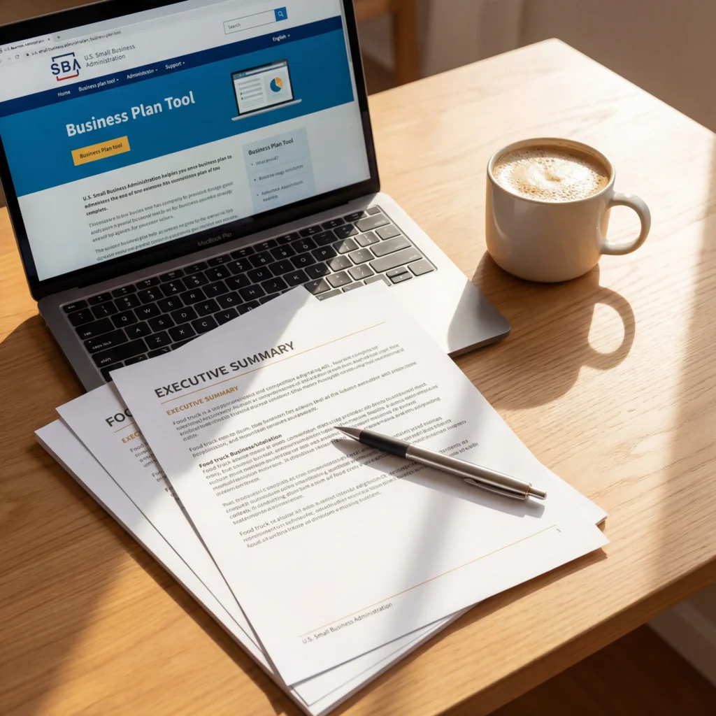 Food truck business plan template printed on a desk with executive summary page visible next to laptop showing SBA planning tool