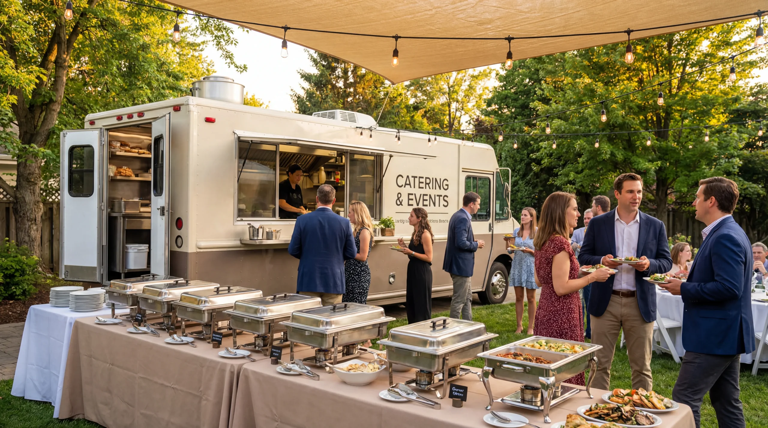 Food truck catering setup at a private outdoor event with buffet station and chafing dishes