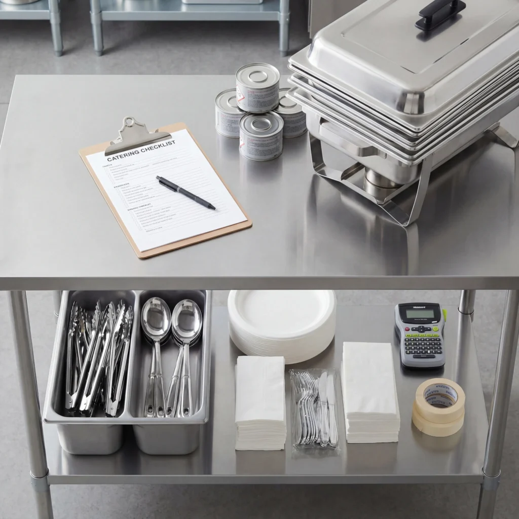 Food truck catering setup kit with chafing dishes, serving utensils, and prep checklist on stainless steel table