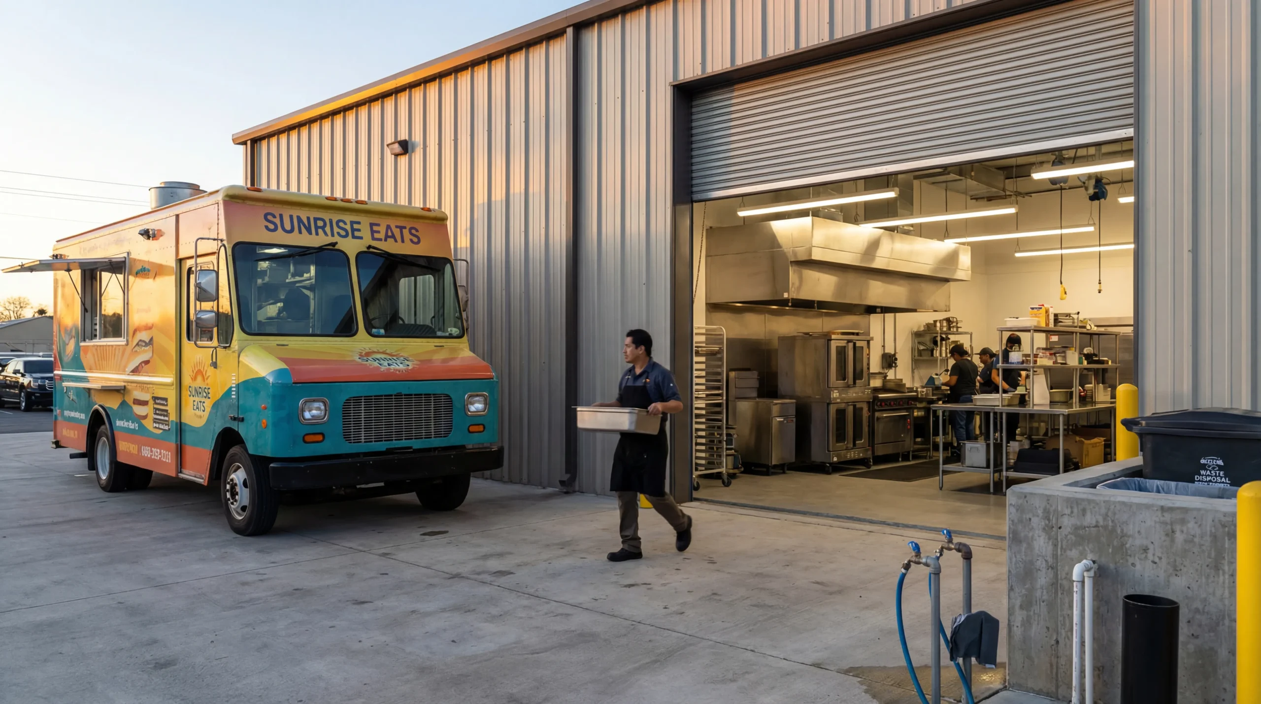 Food truck parked at a commercial commissary kitchen facility at dawn with operator carrying prep containers inside