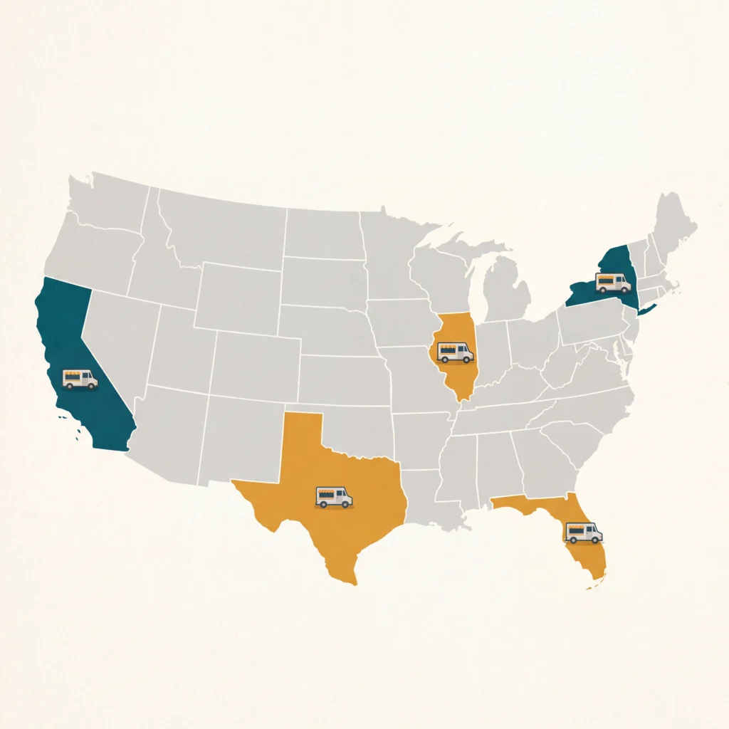 United States map showing food truck commissary requirement levels by state with strict moderate and varies-by-county regions highlighted