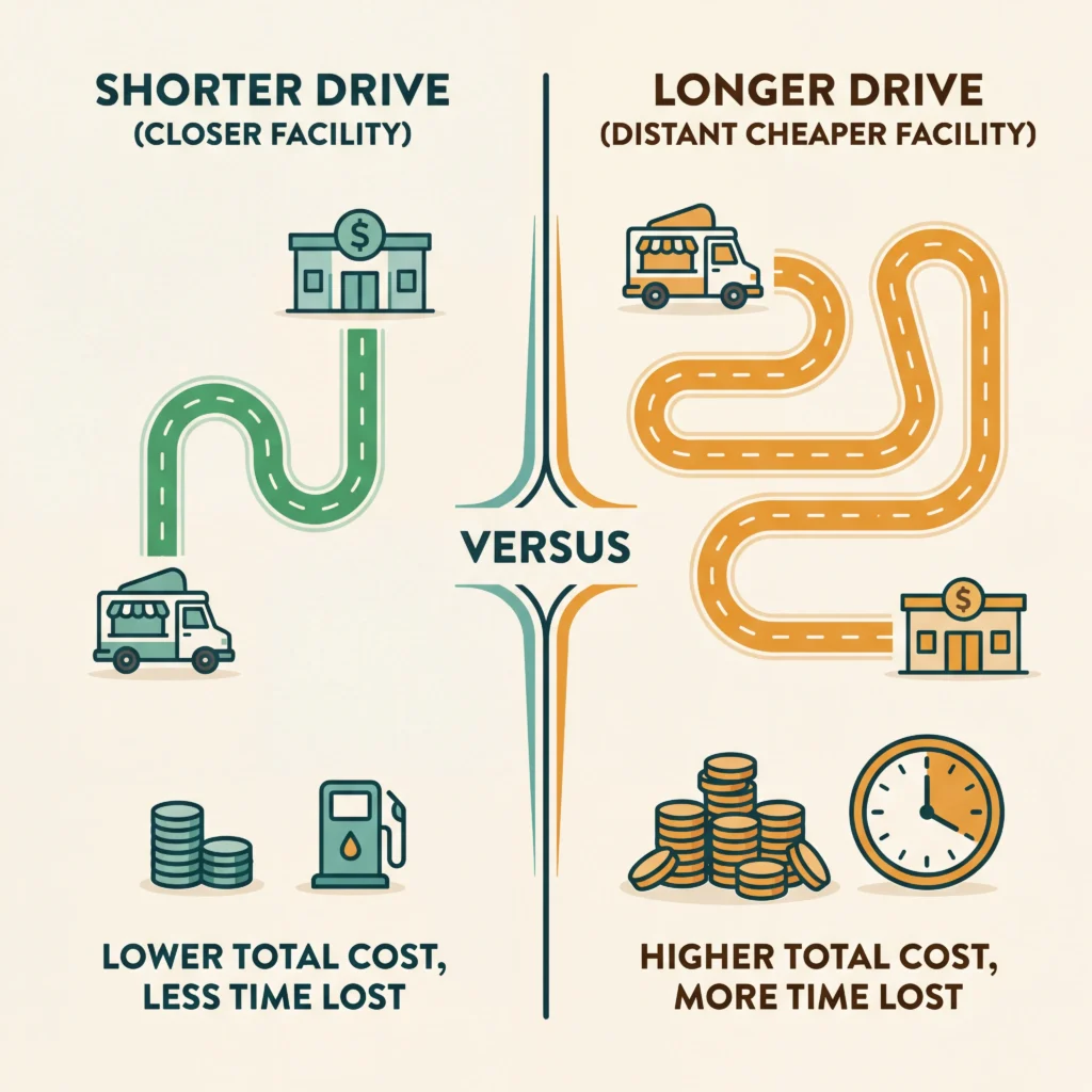 Infographic comparing food truck commissary commute costs showing how a cheaper distant commissary can cost more in drive time than a closer one
